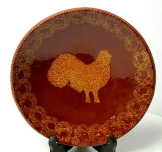 1983 Ned Foltz Pottery Rooster Chicken 9 " Plate Coggle Edge Sponge Redware Rare