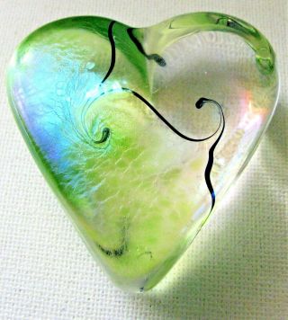 Robert Held Studio Art Glass Heart Paperweight Sculpture Iridescent Yellow Green