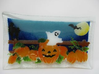 Peggy Karr Glass Halloween Plate Ghost Black Cat Pumpkins Witch Signed 6 X 10