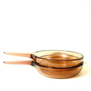 2x Vision Corning Ware Amber Brown Glass Cookware Waffle Bottom Small Skillets