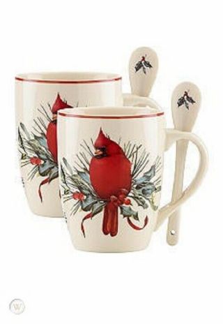 Lenox " Winter Greetings " Set Of 2 Cocoa Mugs With Spoons