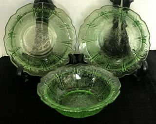 3 Green Cherry Blossom 6 " Cereal Bowls Depression Glass Vintage
