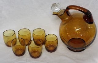 Vintage Cambridge Glass Amber Tilt Ball Cordial Decanter Pitcher & 6 Glasses