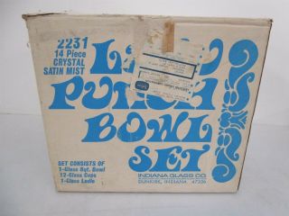 Vintage 14 Piece Crystal Mist Luau Punch Bowl Set W/ 12 Cups & 8 Qt.  Bowl Iob