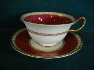 Wedgwood Ulander Powder Ruby Pattern W1813 Peony Shape Cup And Saucer Set (s)