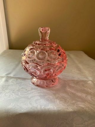 Vintage Le Smith Glass Pink Moon & Stars 5 1/2 " Footed Candy Dish W/lid
