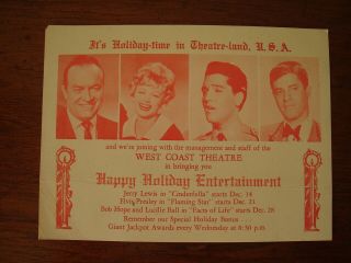 Old West Coast Theatre Card Ad Elvis Presley Bob Hope Lucille Ball Jerry Lewis