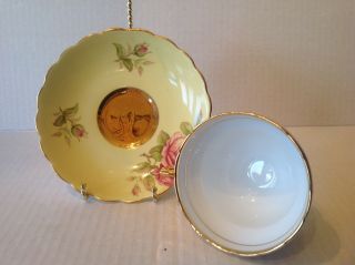 Vtg Rosina Yellow Waisted Teacup And Saucer Pink Roses Heavy Gold Gilding