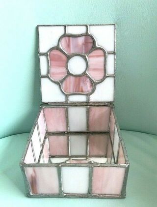 - Handmade Pink Floral Stained Glass Mirrored Jewelry Trinket Box 2