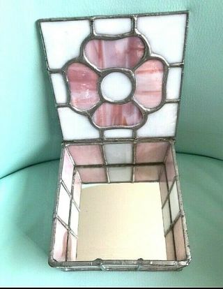 - Handmade Pink Floral Stained Glass Mirrored Jewelry Trinket Box 3
