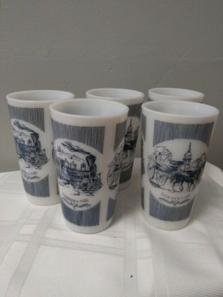 5 Hazel Atlas Blue And White Milk Glass Currier & Ives Tumblers For Royal China