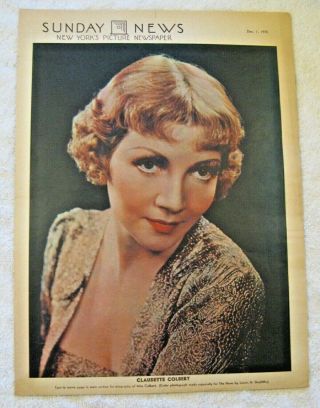30s Claudette Colbert Photo 1935 Ny Sunday News Cover Screen Actress Movie Star