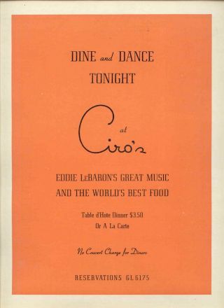 1942 Rare " Dine & Dance Tonight At Ciro 