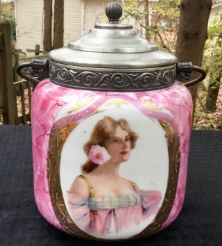 Fantastic Austria Victorian Carlsbad Portrait Lidded And Handled Biscut Jar