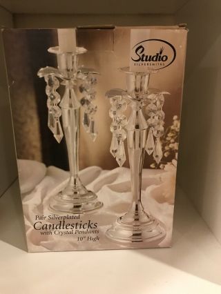 Pair Silverplated Candlesticks With Crystal Pendants 10” High