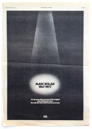 Marc Bolan Press Cuttings 1977 – Death,  Funeral & Obituaries