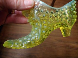 Vintage Fenton Yellow Opalescent Vaseline Glass Hobnail Slipper Shoe Cat Head