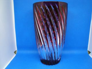 Cranberry Cut To Clear Crystal Vase In The Swirl Pattern.
