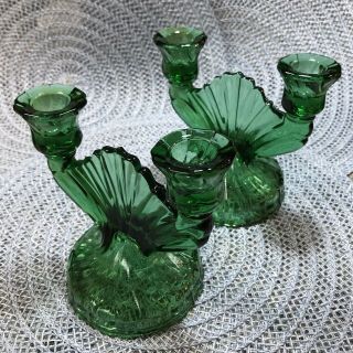 Vintage 1930’s Jeanette Emerald Green Depression Glass Double Candle Holder Set