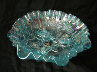 Imperial Carnival Glass Footed Aqua Light Blue Bowl With Lustre Rose Motif