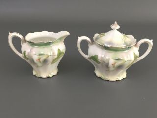 Antique R S Prussia Porcelain Creamer & Sugar Bowl 1880 - 1910 White Lillies