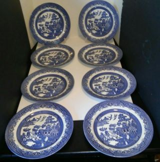 Vintage Set Of 8 Blue Willow Churchill 10 1/4 " Dinner Plates England