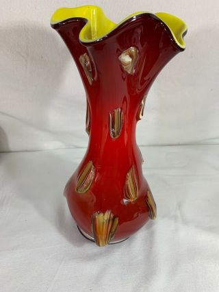 Vintage E.  Zareh Blown Art Glass Vase Sculpture Yellow Red Russia