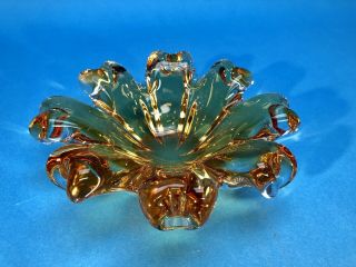 Hand Blown Art Glass Bowl Ashtray Mcm Amber Gold Signed Chalet Murano Lorraine 8
