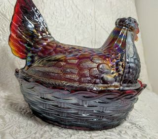 Marked Red Asian Hen Carnival Glass Hen On Nest - Split Tail Iridescent Basket