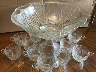 Pressed Glass Punch Bowl With Pedestal Base And 12 Cups