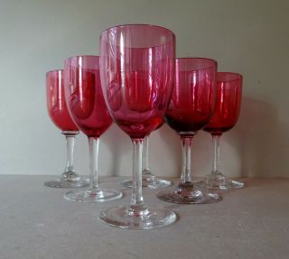 6 Antique Vintage Cranberry Pink Glass Wine / Port Glasses