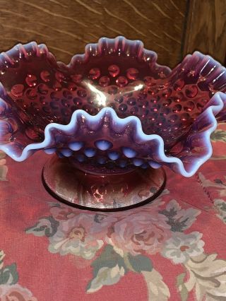 Vintage Fenton Cranberry White Opalescent Hobnail Glass Ruffled Bowl