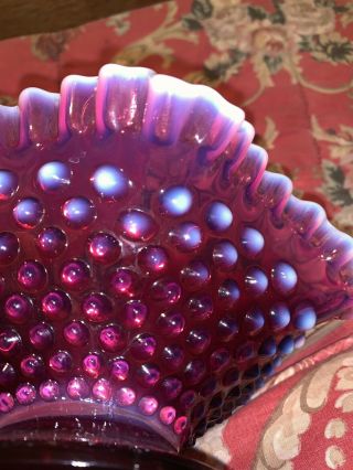 Vintage Fenton Cranberry White Opalescent Hobnail Glass Ruffled Bowl 2