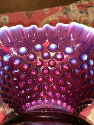 Vintage Fenton Cranberry White Opalescent Hobnail Glass Ruffled Bowl 3