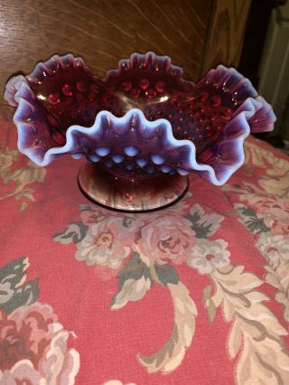 Vintage Fenton Cranberry White Opalescent Hobnail Glass Ruffled Bowl 4