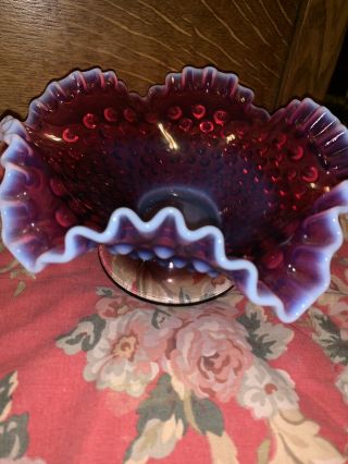 Vintage Fenton Cranberry White Opalescent Hobnail Glass Ruffled Bowl 5