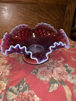 Vintage Fenton Cranberry White Opalescent Hobnail Glass Ruffled Bowl 7