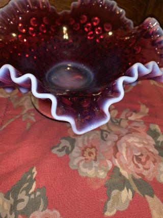 Vintage Fenton Cranberry White Opalescent Hobnail Glass Ruffled Bowl 8