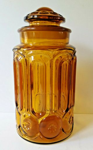 L.  E.  Smith Moon & Stars Large Canister Cookie Jar Honey Amber Glass Vintage