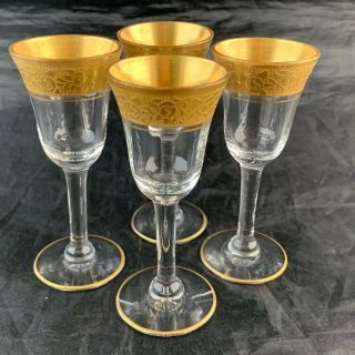 Vintage Tiffin Glass Optic Footed Shot Set 4 Gold Floral Rim Stemware Barware