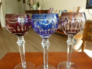 3 Vintage Bohemian Cut To Clear Crystal Hock Wine Glasses