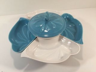 Vintage California Pottery Lazy Susan Relish Dish Turquoise & White Chip Dip