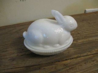 Lovely Rare Vtg Imperial Glass Easter Bunny Rabbit on Nest Milk Glass Dish 3
