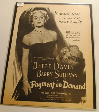 1951 Bette Davis In " Payment On Demand " Vintage Movie Promotional Ad