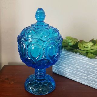 Vintage Kanawha Lidded Aqua Blue Moon And Stars Footed Compote Candy Dish