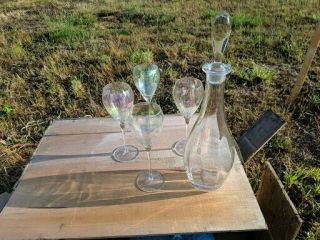 Toscany Hand Blown Romania Iridescent Crystal Wine Decanter W/4 Glasses