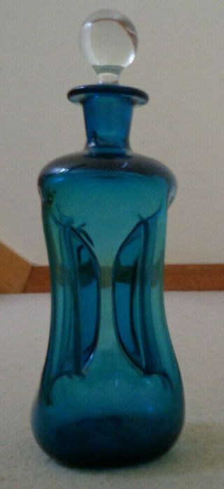 Vintage 1960s Holmegaard Denmark Blue Kluk Kluk Art Glass Decanter Jacob Bang