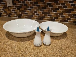 Correlle Pyrex Blue Snowflake Garland Salt & Pepper Shakers And 2 Serving Bowls