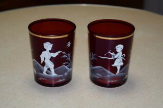Cranberry/ Ruby Red Mary Gregory Hand Painted Fine Glass Water Tumblers - Pair