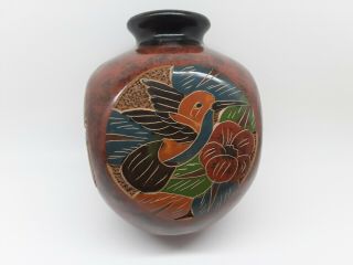 Costa Rica Folk Art Vase Hand Carved Etched Decorative Signed Manuel Moran Decor